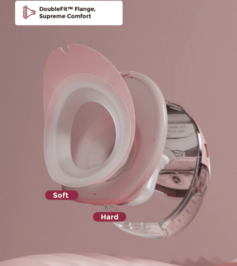 Momcozy M6 Wearable Breast Pump in grey with a close-up of the DoubleFit flange showcasing soft and hard options.