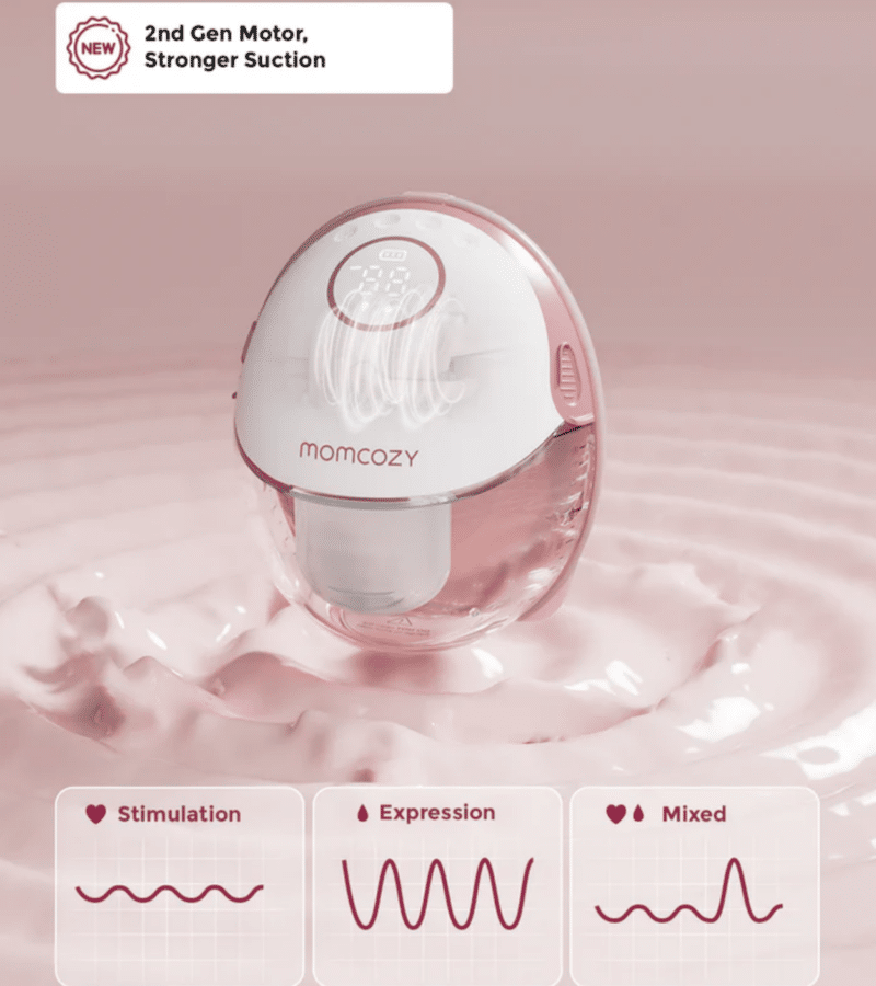 Momcozy Wearable Hands Free Breast Pump M6 in grey and red, showcasing a sleek design with suction modes displayed.