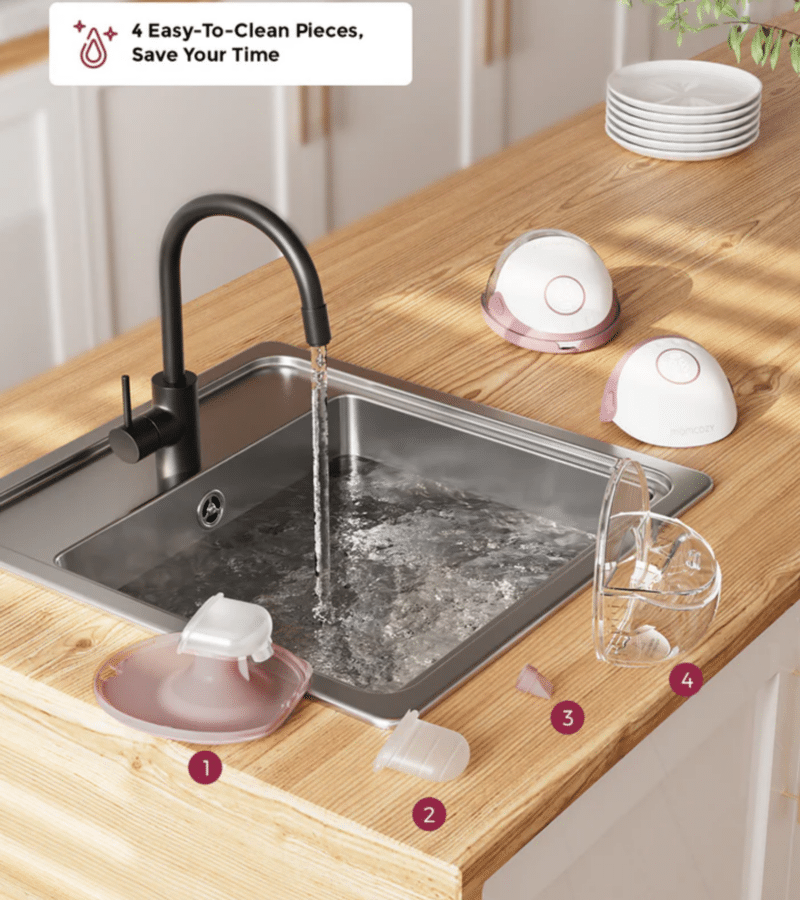 Momcozy M6 Single Wearable Hands Free Breast Pump in grey and red, displayed near a sink with easy-to-clean components.