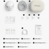 Momcozy Wearable Hands Free Breast Pump M6 in grey and red, shown with accessories including flanges and storage case.
