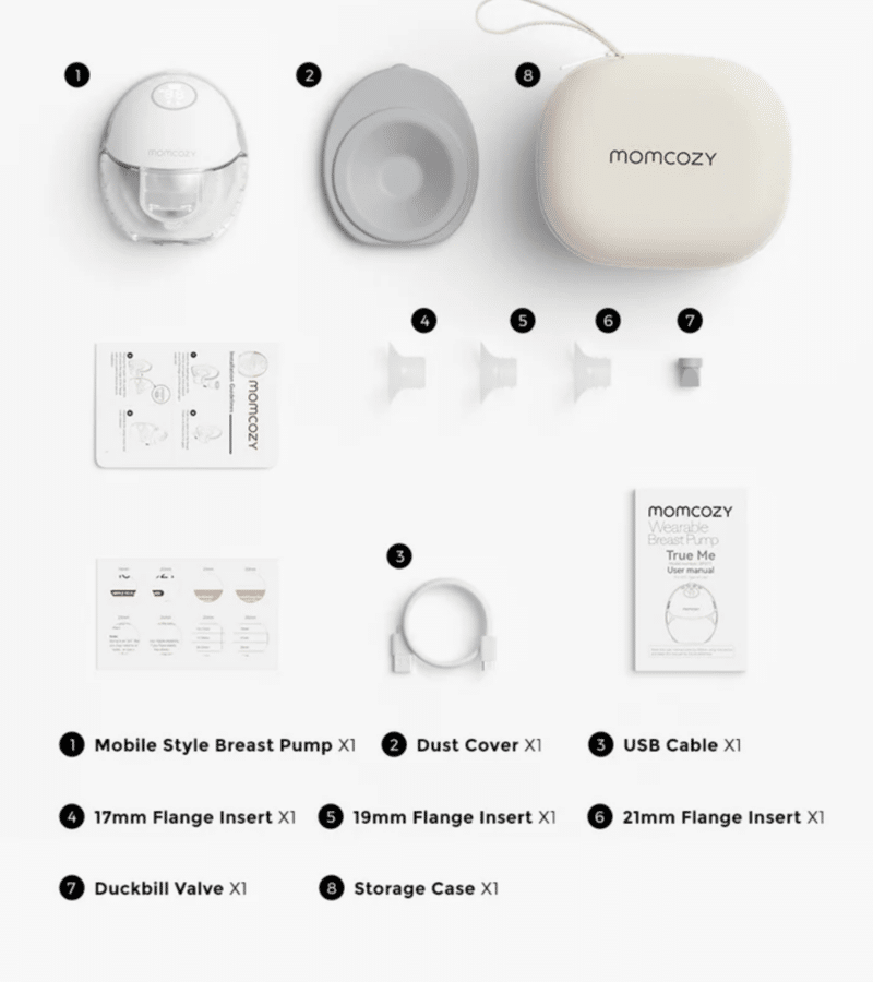 Momcozy Wearable Hands Free Breast Pump M6 in grey and red, shown with accessories including flanges and storage case.