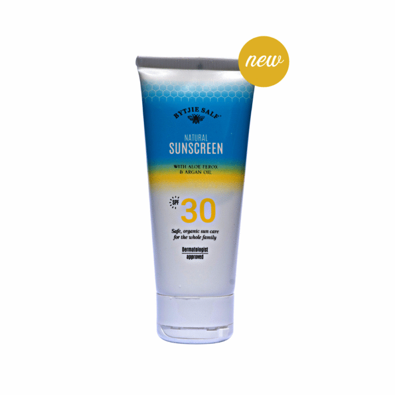 Bytjie Salf Natural Sunscreen SPF 30, featuring aloe ferox and argan oil in a sleek tube with a blue gradient design.