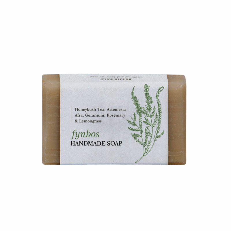Bytjie Salf Fynbos Handmade Soap, featuring a natural beige color with botanical illustrations on the label.