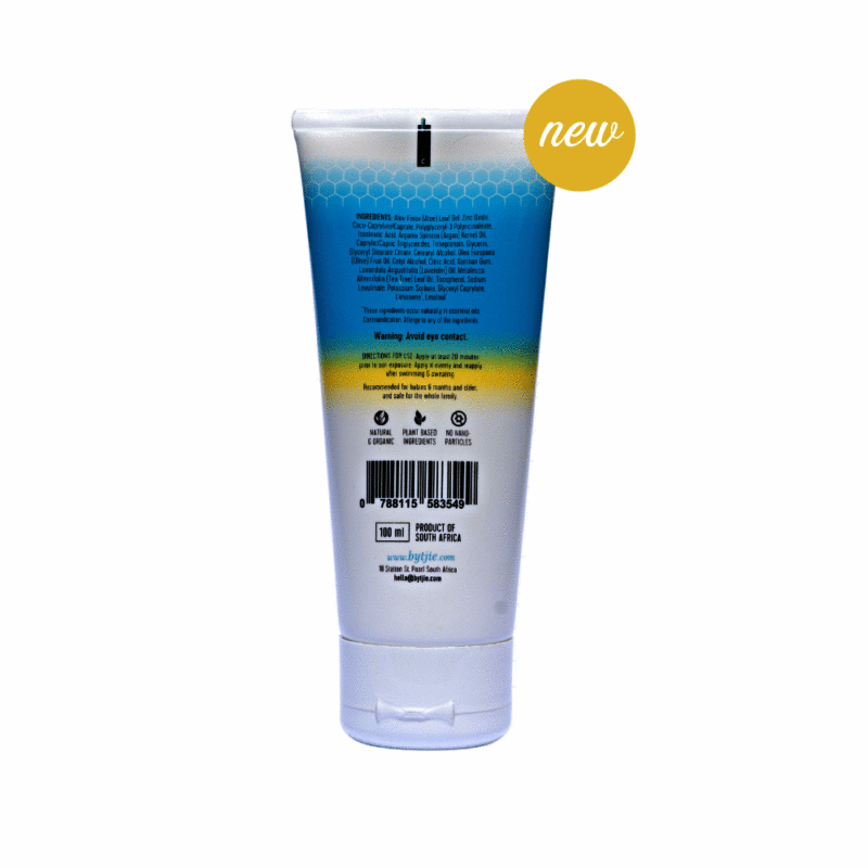 Bytjie Salf Sunscreen tube with a blue and yellow design, featuring a "new" label on the top right corner.