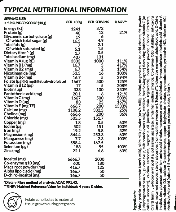 SoFitt™ Advanced Fertility Support nutritional information chart displaying vitamins and minerals for maternal health.