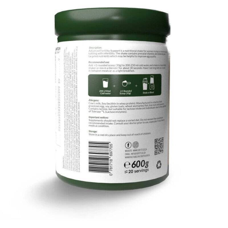 SoFitt™ Advanced Fertility Support 600g container, showcasing the back label with serving details and instructions.