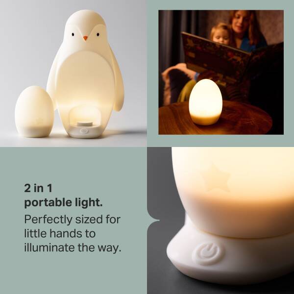 Tommee Tippee Penguin Night Light, soft white, features a portable design with an egg-shaped base for easy use.