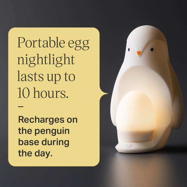 Tommee Tippee Penguin Night Light in soft white, shaped like a penguin, features a portable egg nightlight that recharges on
