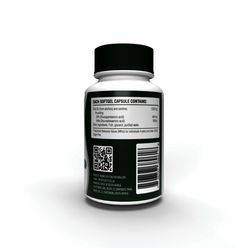 SoFitt™ Pure Omega 3 Softgels bottle back view, featuring detailed ingredient information and a black cap.