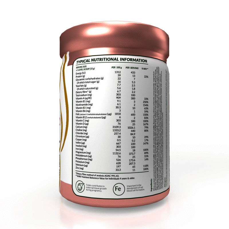 SoFitt™ Advanced Pregnancy Support supplement jar showing detailed nutritional information on the back with a rose gold lid.