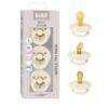 BIBS Try-It Collection 3-Pack Size 1 featuring natural rubber pacifiers in cream and yellow hues.