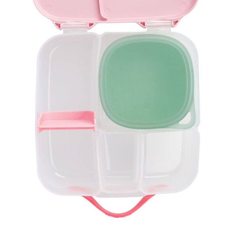 b.box lunch tub in berry smoothie with a green compartment, featuring multiple sections and a pink handle for easy transport.