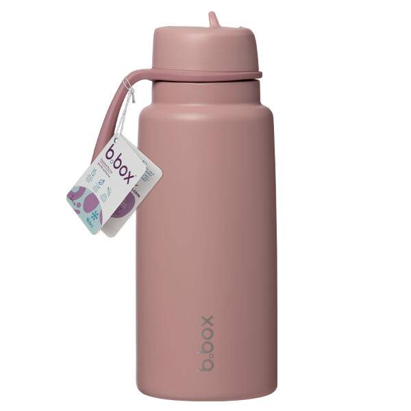 b.box 1L insulated water bottle in berry smoothie with flip top and carrying strap, showcasing sleek design and color.