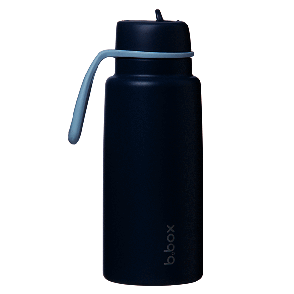 b.box 1L insulated water bottle in midnight with a flip top and a sleek design, perfect for keeping drinks cold.