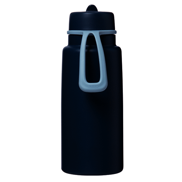b.box 1L insulated water bottle in midnight with a flip top and a convenient carrying handle.