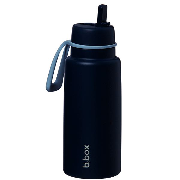 b.box 1L insulated water bottle in midnight with a flip top and a convenient carry handle.