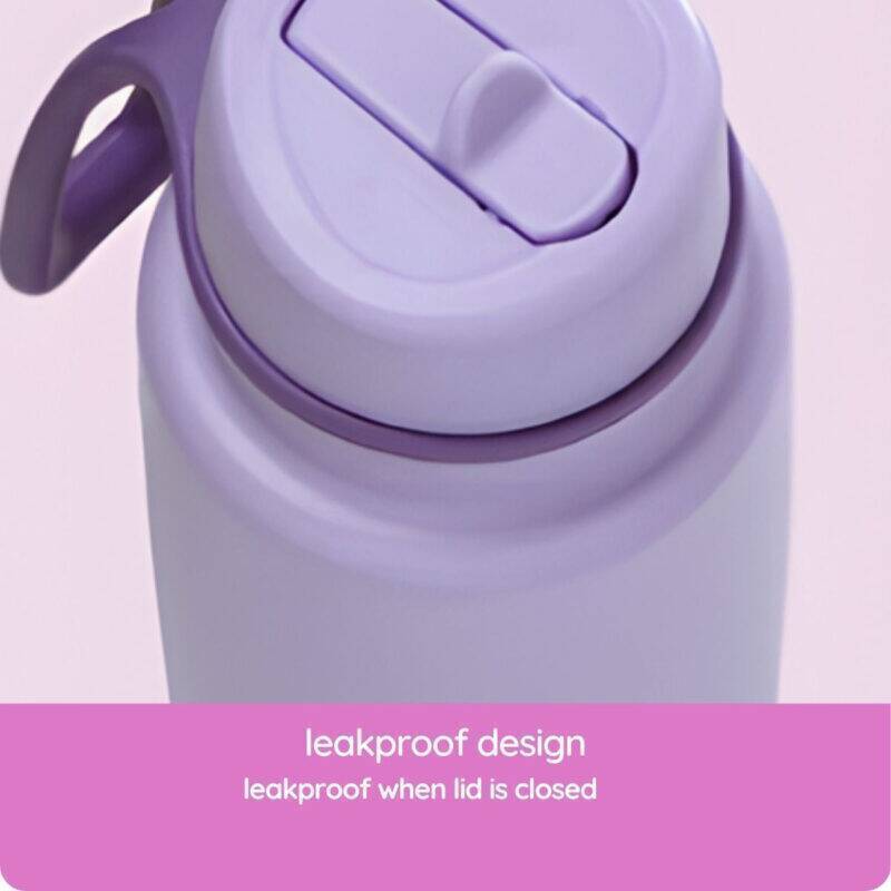 b.box 1L insulated water bottle in Lilac Love with a flip top and leakproof design, showcasing the lid detail.