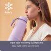 b.box 1L insulated water bottle in Lilac Love, featuring a flip top and highlighting its ability to keep liquids cold for 46