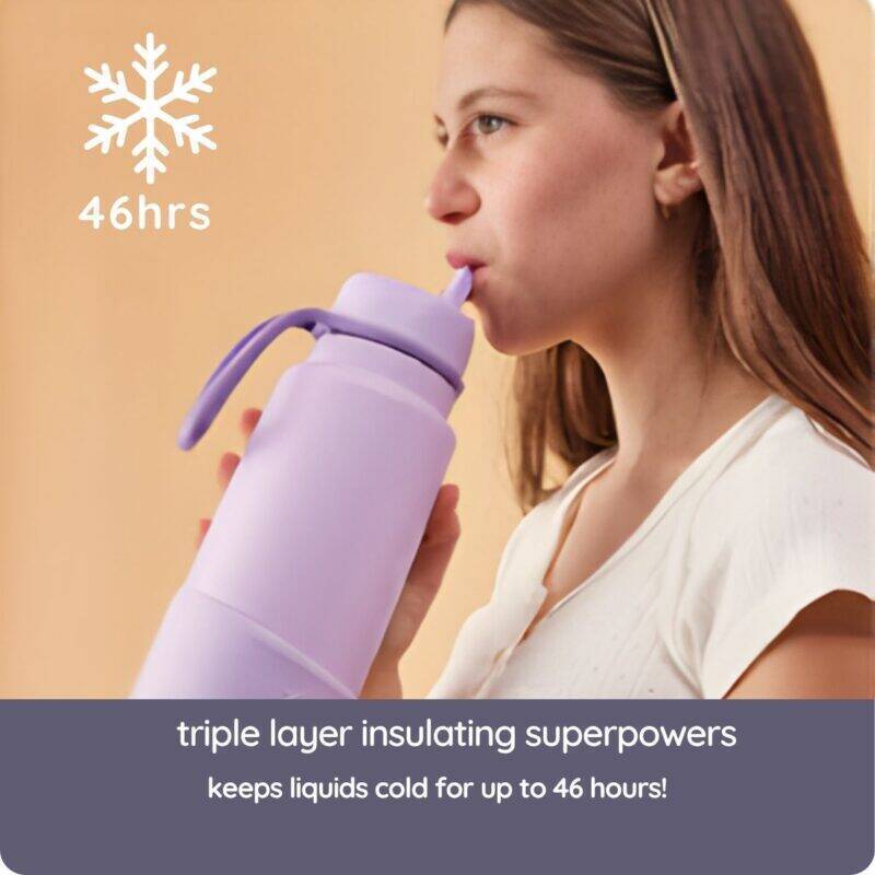 b.box 1L insulated water bottle in Lilac Love, featuring a flip top and highlighting its ability to keep liquids cold for 46