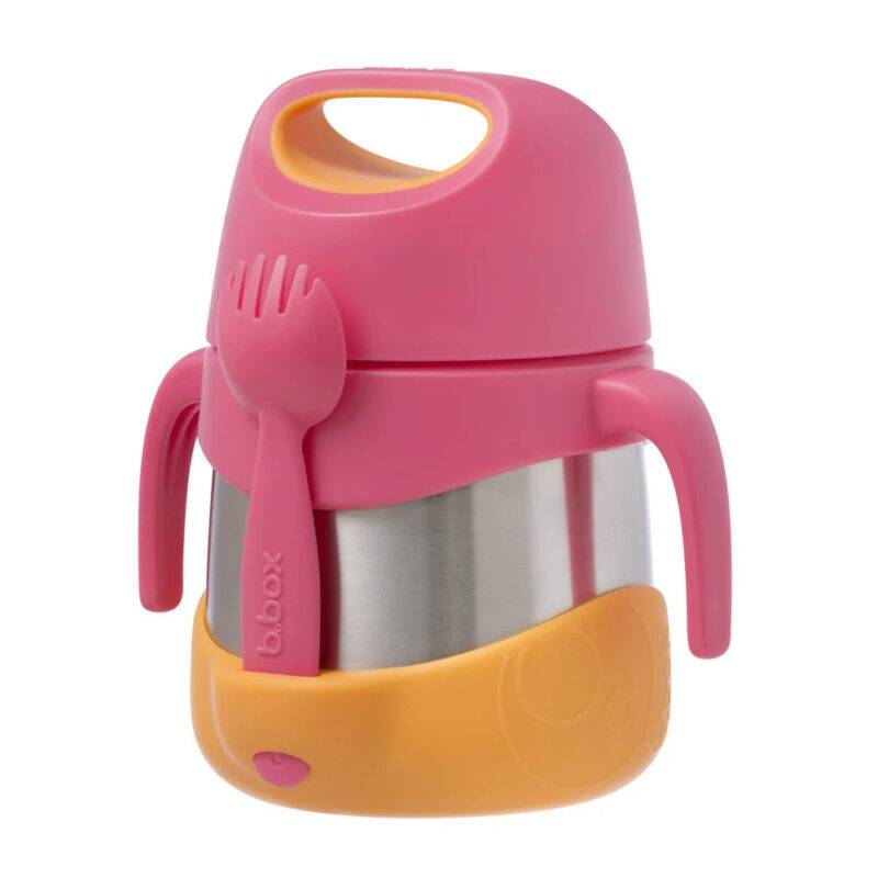 b.box Insulated food jar in Strawberry Shake with a pink lid and orange base, features a built-in spoon and fork.
