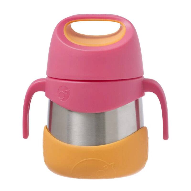 b.box insulated food jar in Strawberry Shake with a pink lid and orange base, featuring easy-grip handles.