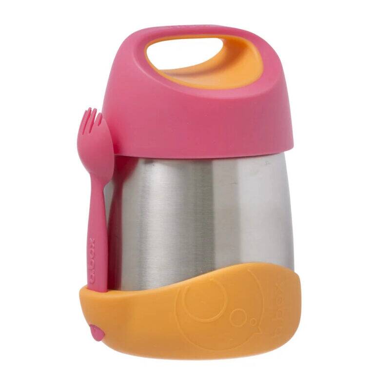 b.box Insulated food jar in pink and orange with a stainless steel body, featuring a built-in fork and a carry handle.