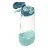 b.box 600mL sport spout bottle in emerald forest with a clear body and a teal base, featuring a flip-top lid.