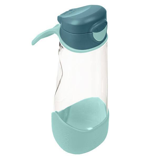 b.box 600mL sport spout bottle in emerald forest with a clear body and a teal silicone base, ideal for active lifestyles.