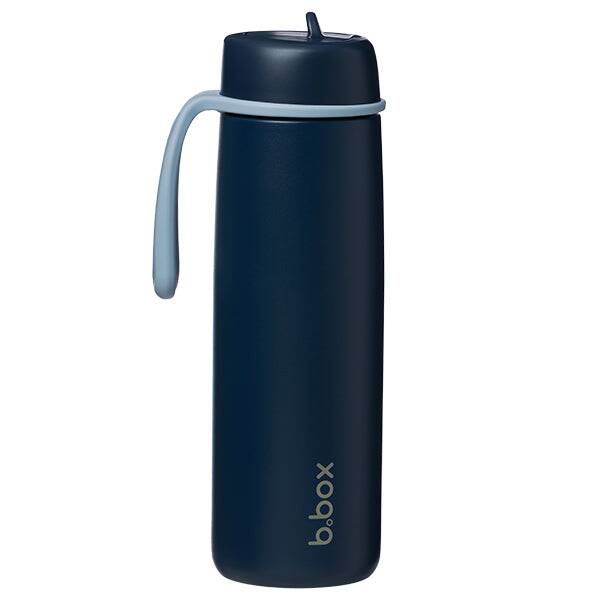 b.box 690ml insulated flip top bottle in midnight blue with a light blue handle, designed for easy carrying and hydration.