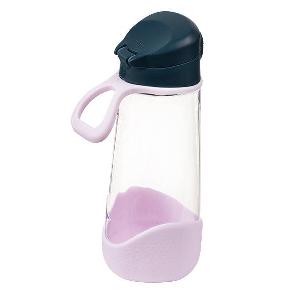 b.box 600mL sport spout bottle in emerald forest with a pink base, featuring a flip-top lid and ergonomic handle.