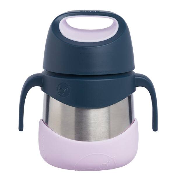 b.box Insulated food jar in indigo rose with a stainless steel body and easy-grip handles for on-the-go meals.