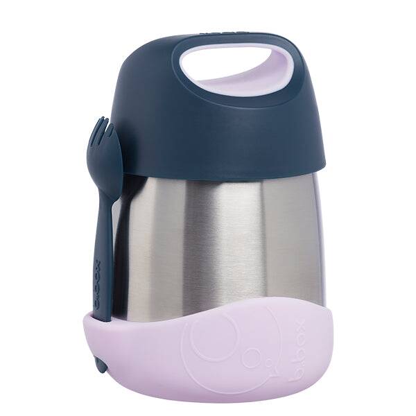 b.box Insulated food jar in indigo rose with a purple base and attached fork, perfect for on-the-go meals.
