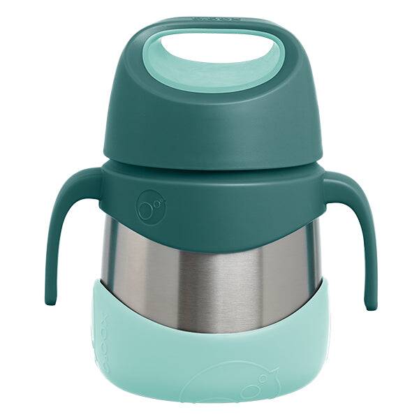 b.box Insulated food jar in emerald forest with a teal base and ergonomic handles for easy carrying.
