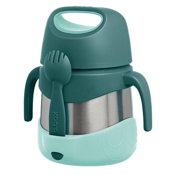 b.box Insulated food jar in emerald forest with a teal lid and built-in spoon, designed for on-the-go meals.