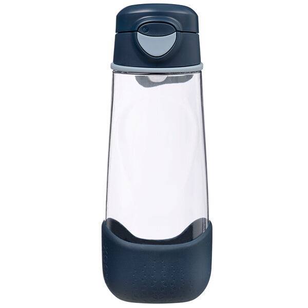 b.box 600mL sport spout bottle in midnight, featuring a clear body and dark blue base for easy grip.