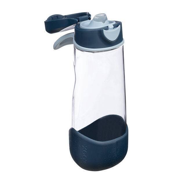 b.box 600mL sport spout bottle in indigo rose with a clear body and a protective base for easy grip.