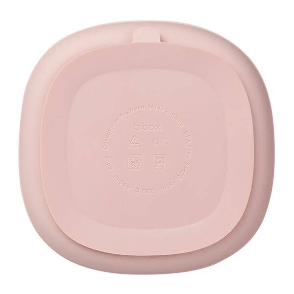 b.box silicone plate in blush with a matching lid, featuring a smooth surface and rounded edges for easy handling.