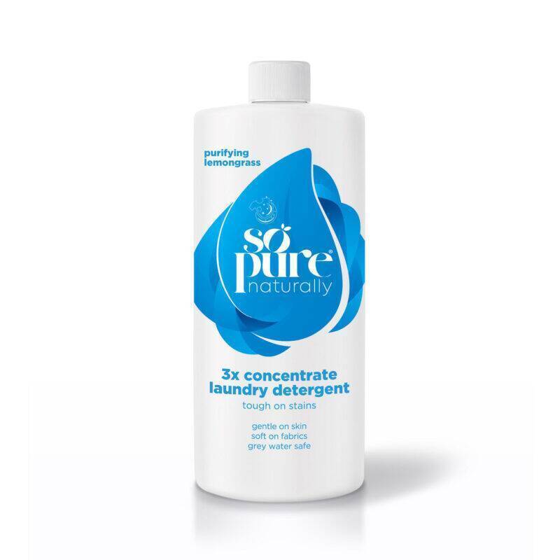 SoPure 3x Concentrate Laundry Detergent in a 1 litre bottle, featuring a clean white design with blue accents and a