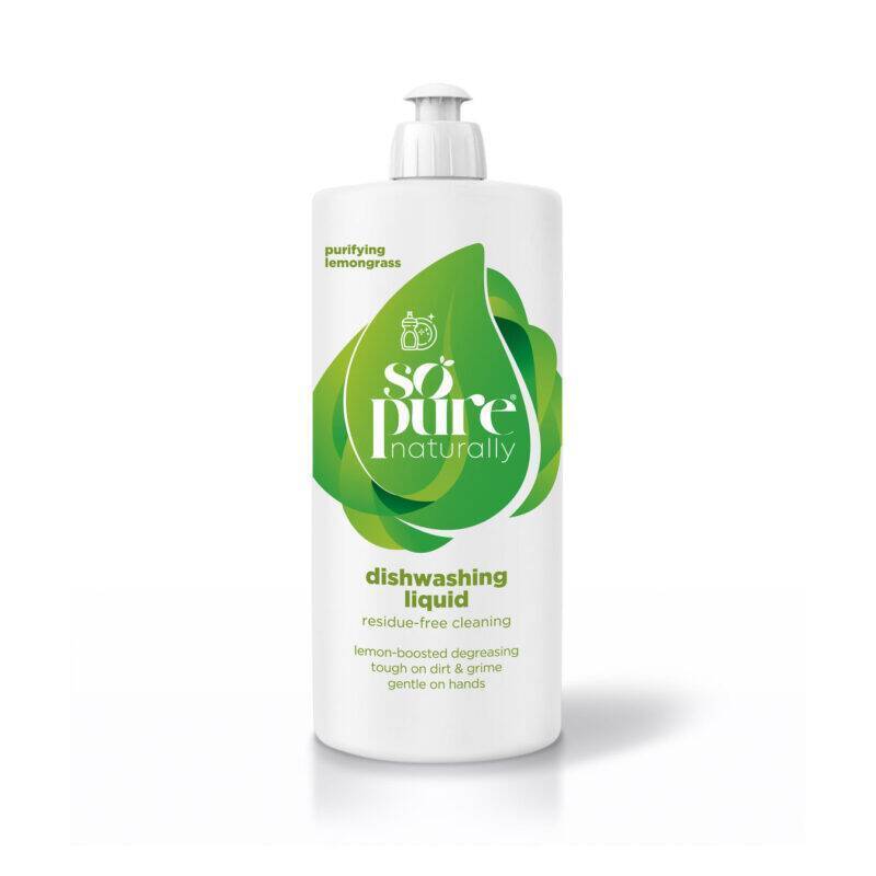 SoPure Dishwashing Liquid in Purifying Lemongrass, 1 litre, features a sleek white bottle with green accents.