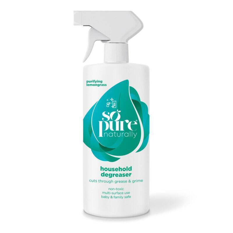 SoPure Household Degreaser in a 500ml spray bottle with a white and teal design, featuring a lemongrass scent label.