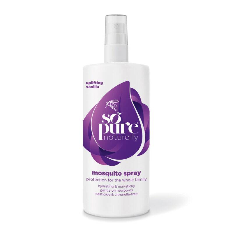 SoPure Vanilla Mosquito Spray, 100ml, features a white bottle with a purple design, offering family protection from
