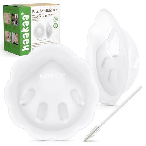 Haakaa Petal Soft Silicone Milk Collector in white, featuring a flower shape and includes a cleaning brush.
