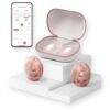 Momcozy Air 1 Ultra-slim Breast Pump in pink with two pumps and a smartphone displaying the app interface.