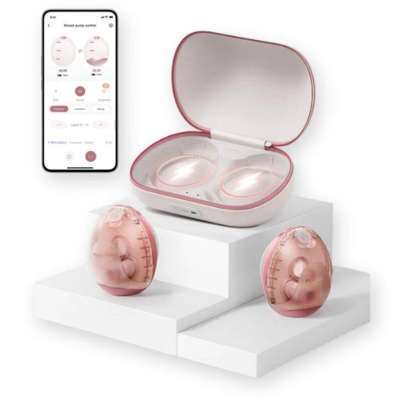 Momcozy Air 1 Ultra-slim Breast Pump in pink with two pumps and a smartphone displaying the app interface.