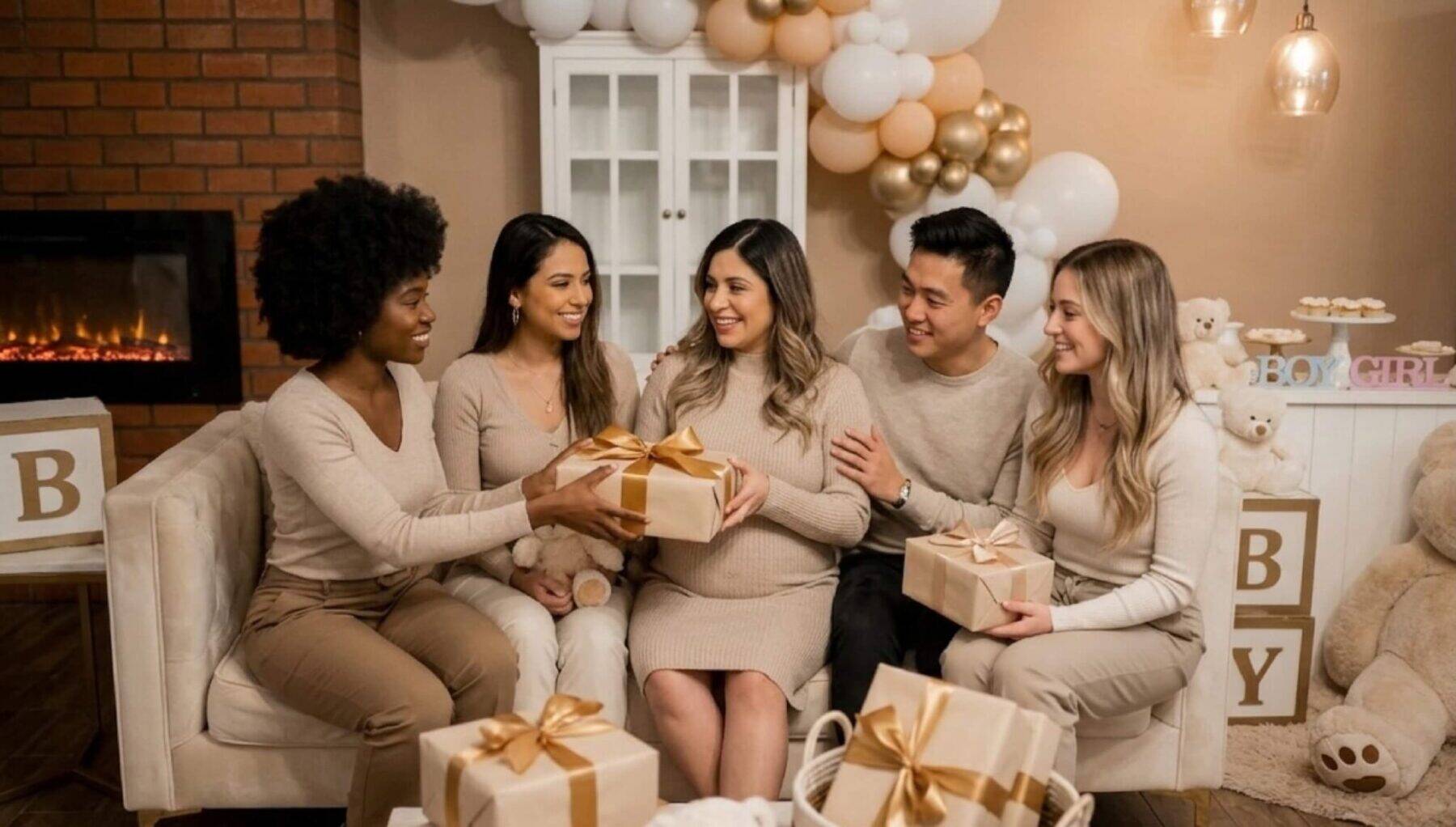Group of friends celebrating a baby shower, sharing gifts in a cozy setting with balloons and a fireplace.