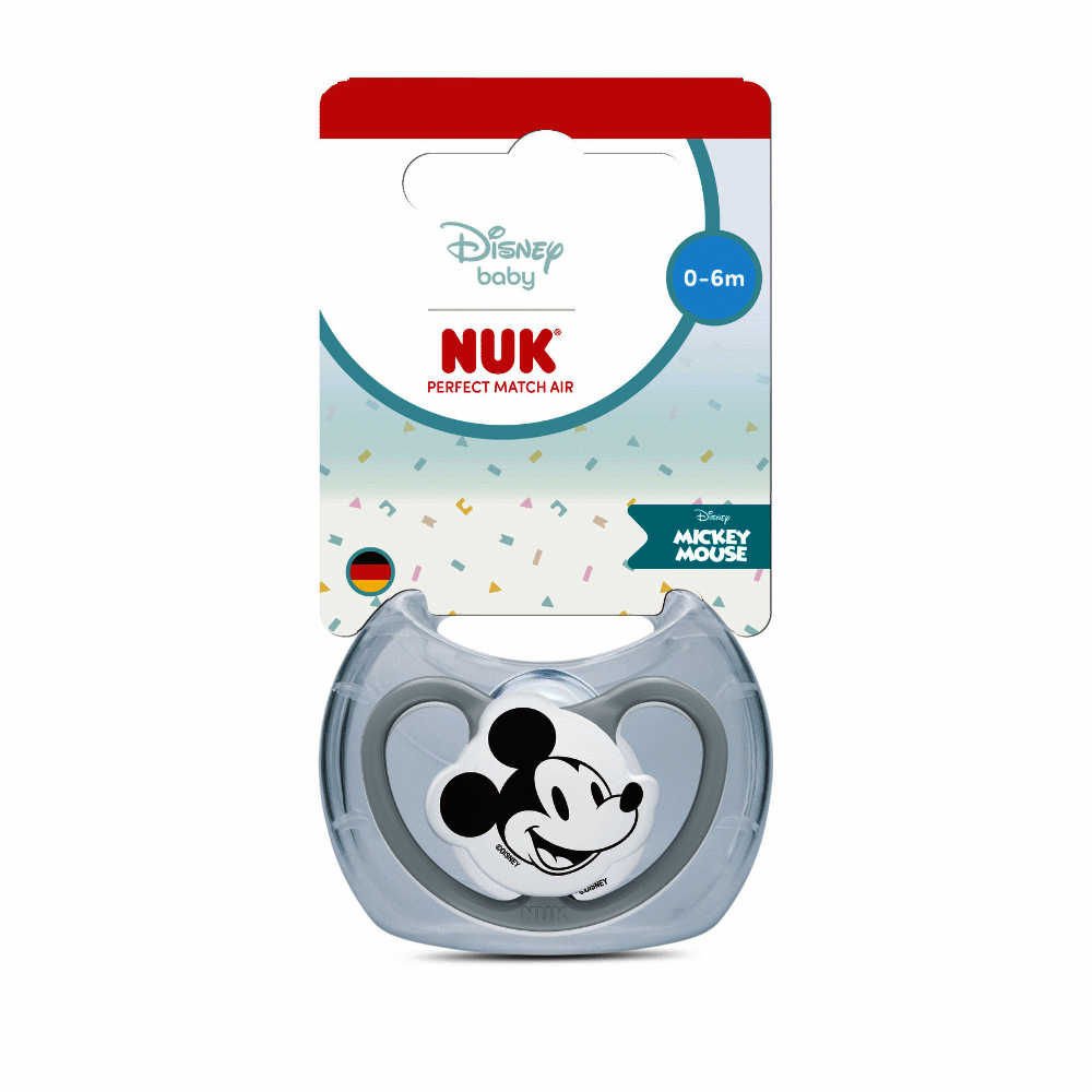 Nuk Perfect Match Air Disney Soother MM for 0-6 months featuring Mickey Mouse design with a grey shield.