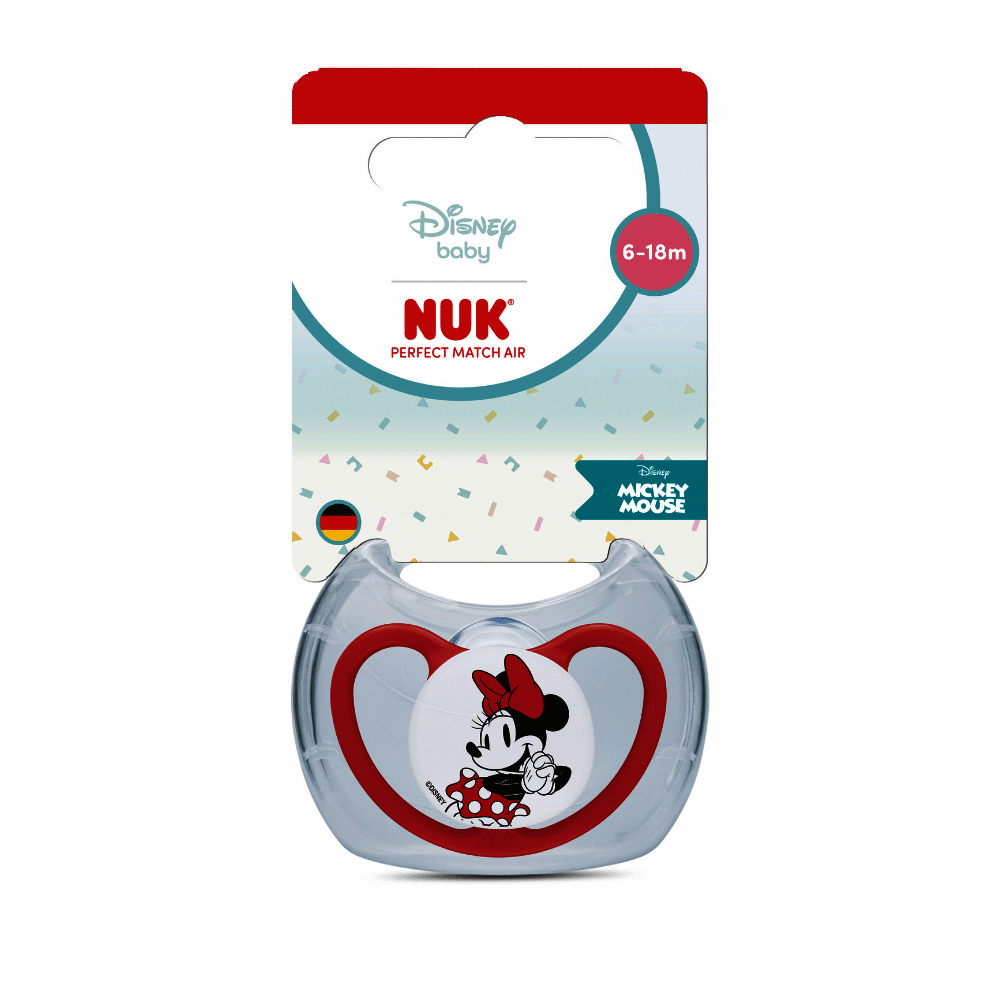 Nuk Perfect Match Air Disney Soother for 6-18 months featuring Minnie Mouse design with a red and clear shield.