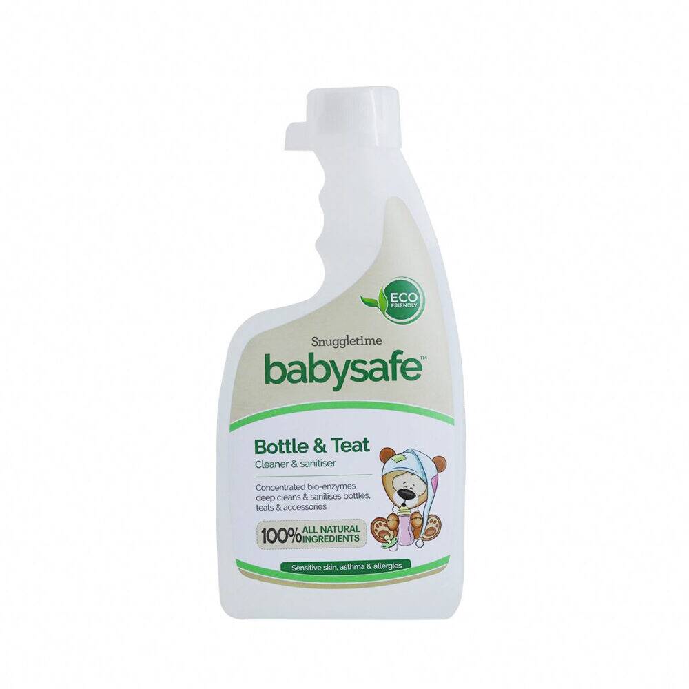 BabySafe Bottle & Teat Cleaner and Sanitiser, eco-friendly formula in a white bottle with a cartoon bear design.