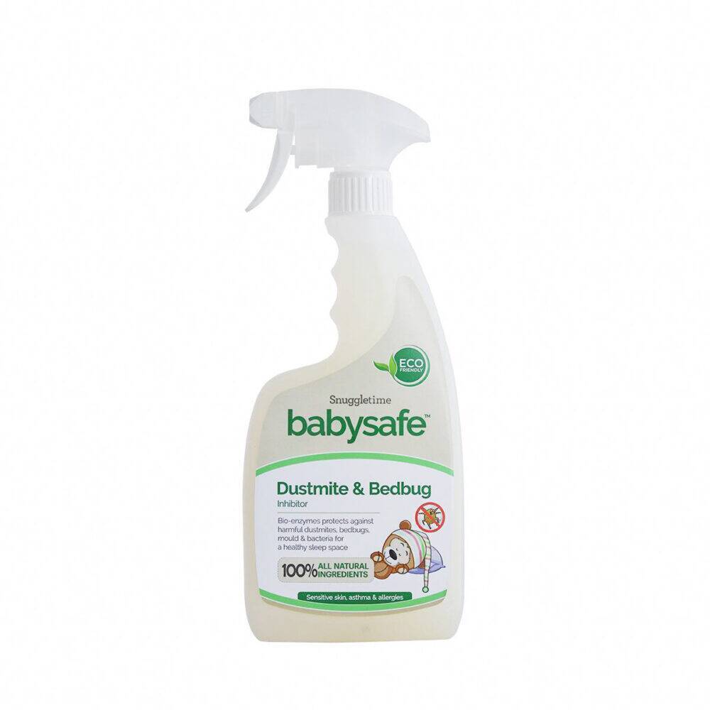 BabySafe Dustmite & Bedbug Inhibitor 500ml in a spray bottle with a white label and eco-friendly branding.