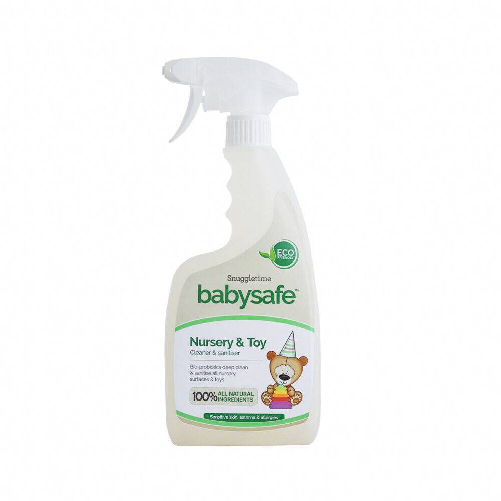 BabySafe Nursery and Toy Cleaner & Sanitiser 500ml in a spray bottle featuring a teddy bear design and eco-friendly label.